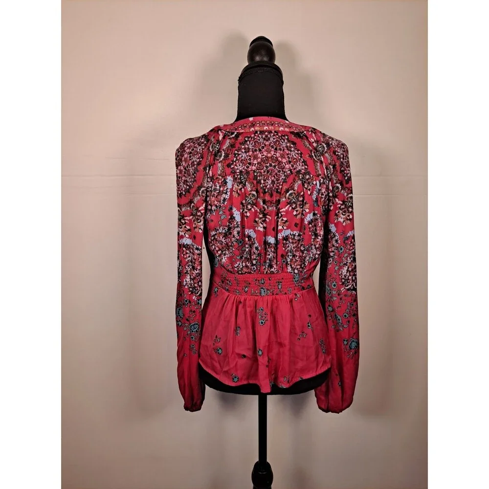 Free People Women's Run Free Blouse Size XS Pink Tie Front  Boho Shirt